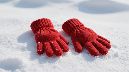 Bright Red Knitted Wool Gloves on Fresh White Snow, Cozy Winter Atmosphere