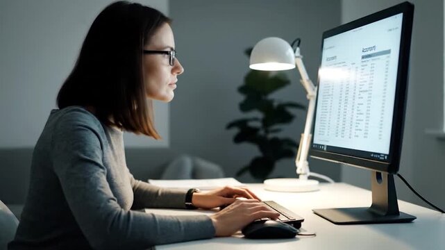 Woman working on computer at night in dark room.