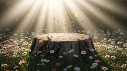 Tree stump in a vibrant field of colorful flowers with sunbeams