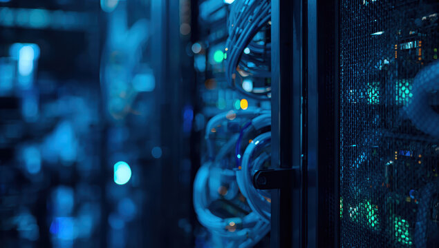 High tech server rack with glowing network cables and cool blue lighting, modern data center - Powered by Adobe