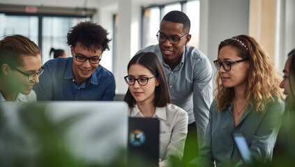 Young diverse team collaborating at laptop in modern office, focused and engaged