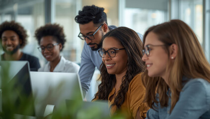 Diverse office team collaborating on computers, focused and positive atmosphere