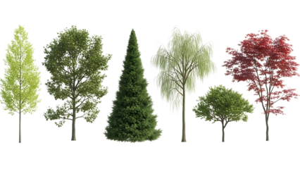Collection of diverse trees isolated on transparent background