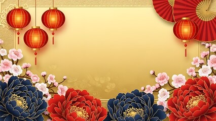 Elegant Lunar New Year background featuring golden space, traditional red lanterns, and blooming red and blue peony flowers with cherry blossoms.