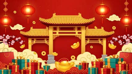 Vibrant illustration of a traditional Chinese gate (Paifang) surrounded by lanterns, clouds, and festive decorations for Lunar New Year.