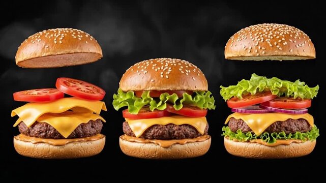 Three Exploding Cheeseburgers Layered with Fresh Ingredients on Black Background