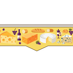 Obraz premium Flat design illustration of cheese board with various cheeses, grapes, bread, and wine bottle on yellow background, vector art