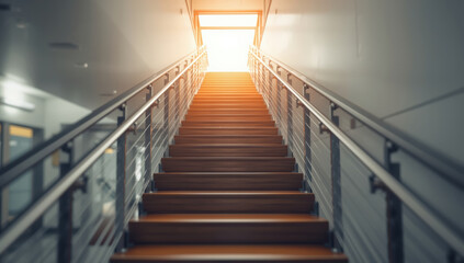 Warm wooden stair stair staircase railing handrail modern interior hallway sunlight ascent