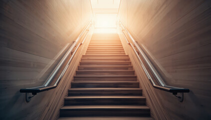 Fototapeta premium Wooden stairway leading upward to bright doorway, warm light conveying hopeful ascent