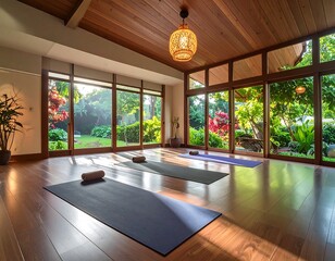 Sunlit yoga studio with wooden floor, mats, and garden view