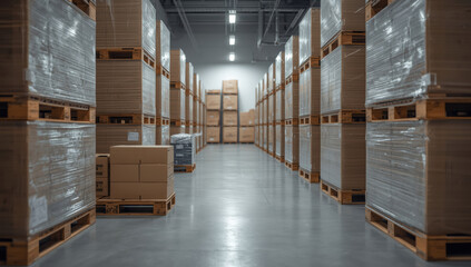 Stacked pallet boxes warehouse aisle with soft lighting and calm atmosphere