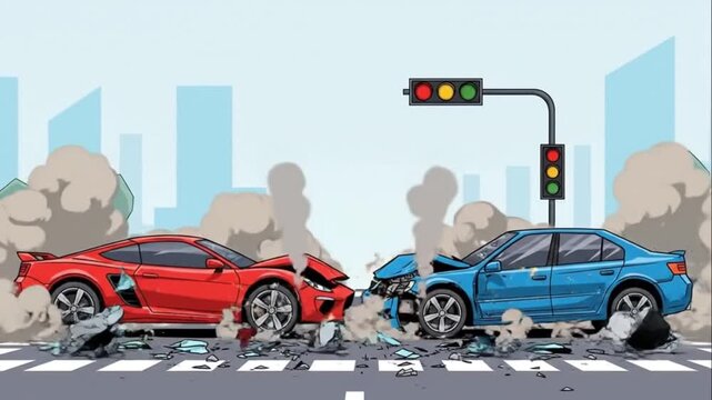 Car Accident Head-on Collision Cartoon Style Explosion Traffic Crash