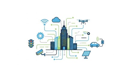 Fototapeta premium Smart City Technology Concept: IoT Network Connecting Buildings, Transport, and Utilities