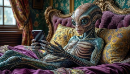 An alien creature relaxes on a bed while looking at a smartphone. The room has rich decorations and detailed patterns on the bedspread and walls.