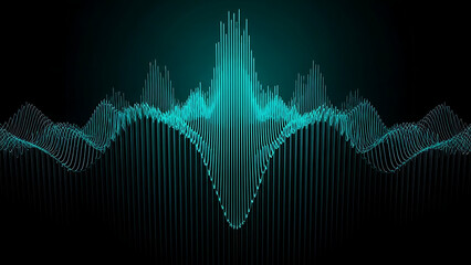 Digital cyan frequency audio equalizer wave with 3D sound visualizer bars on black background