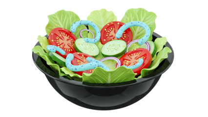Cartoon Salad Bowl with Vegetables and Blue Swirls