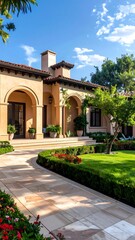 Fototapeta premium Sunny exterior of luxury residence, arched entryway, lush landscaping