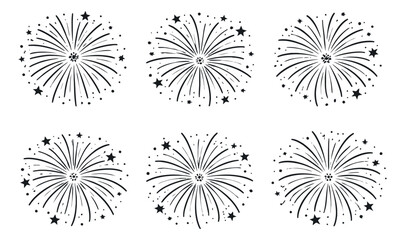 Hand drawn line art firework set featuring multiple bursting explosions with decorative stars for celebrations and festive occasions