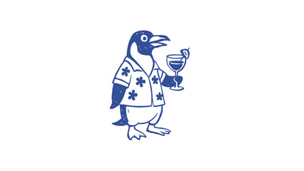 Obraz premium A cartoon penguin wearing a Hawaiian shirt and holding a cocktail