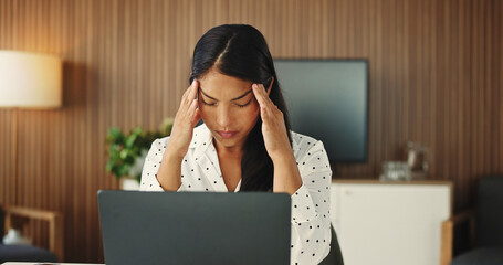 Tired, headache or woman in agency with laptop, work pressure or update mistake in task management....