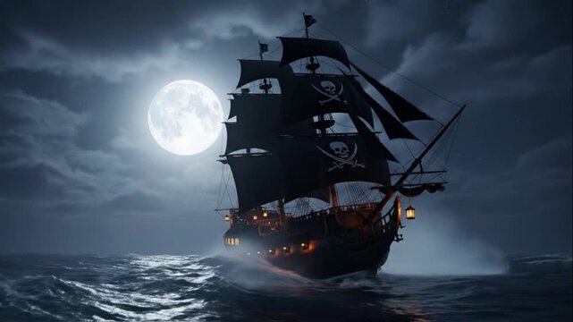 Mysterious Pirate Ship Sailing by Full Moon on Rough Ocean Waves
