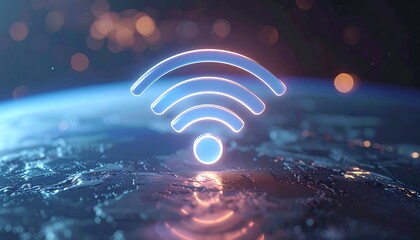 Glowing Wi-Fi symbol hovering over a rendered Earth in space