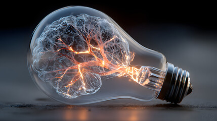 Conceptual Glowing Brain Inside Glass Light Bulb Idea Illustration