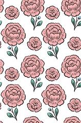 A festive seamless wedding pattern with sketch peonies. A rococo texture with hand-drawn flowers for fabrics and wallpaper. Bloom background