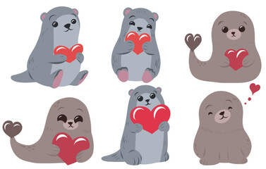 Vector set of a seal and otter with hearts. A festive collection of cute hand drawn animal clip art for stickers and cards. Pet for Valentine s Day