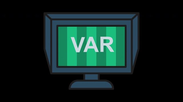 Animated vector icon of a VAR monitor screen displaying video assistant referee review. Smooth loop animation designed for football technology and match analysis visuals.