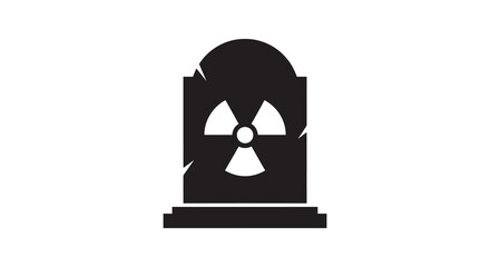 a stark black and white image depicting a tombstone with a radioactive symbol a haunting silhouette