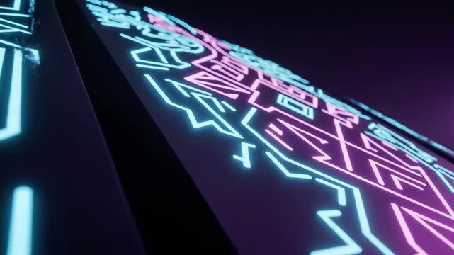 A futuristic neon-lit design with zigzag and circuit-like patterns in shades of blue and pink on a dark background