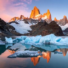 Sunrise illuminates majestic mountain peaks and icy waters