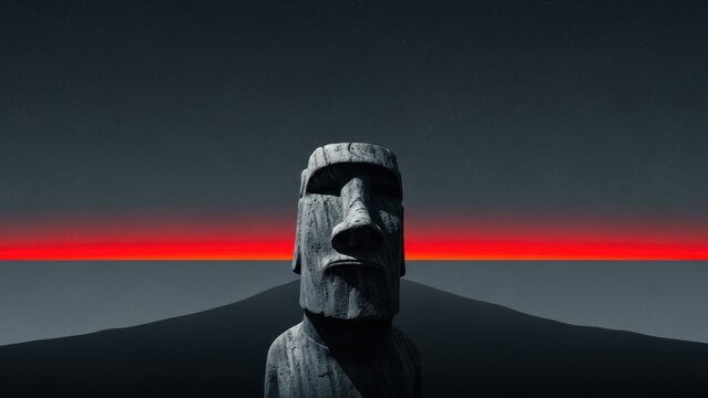 Mysterious Easter Island Moai statue at sunset with vibrant red sky - Powered by Adobe