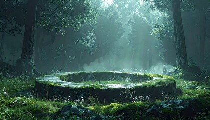 Sunlit clearing with stone circle in a dense, mossy forest