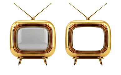 Set of two golden retro televisions with antennas and glossy metallic design, isolated on transparent cutout background