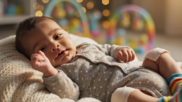 Smiling baby lying on soft blanket