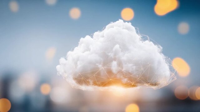 Floating Cloud: An ethereal fluffy cloud floats serenely in a dreamy sky filled with soft bokeh lights, evokes feelings of tranquility. 
