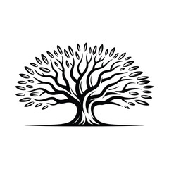 A striking black and white illustration showcases the detailed silhouette of a flourishing tree with expansive foliage