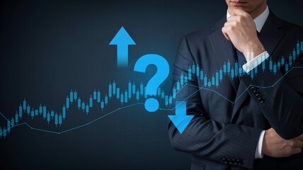 Businessman contemplating uncertain stock market trends in dark suit with blue graph and question mark in dramatic lighting for financial analysis