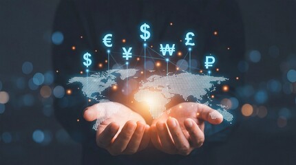 Hands holding a glowing digital world map with currency symbols and global netwo