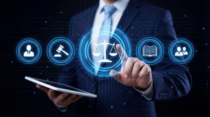 Professional in suit activating virtual legal scales icon on modern tech backgro