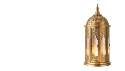 Exquisite ornate antique brass lantern featuring intricate arabesque detailing and warm glowing candlelight perfect for festive holiday decoration on transparent background