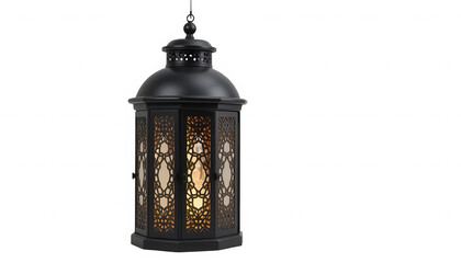 Elegant black metal hanging lantern featuring intricate geometric cutouts illuminating warm light for festive or traditional decor on transparent background
