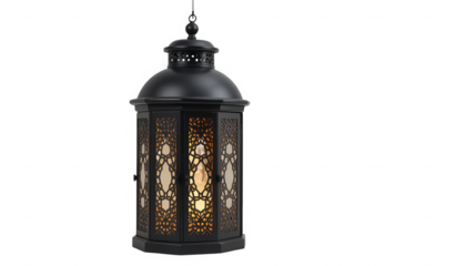 Elegant black metal hanging lantern featuring intricate geometric cutouts illuminating warm light for festive or traditional decor on transparent background