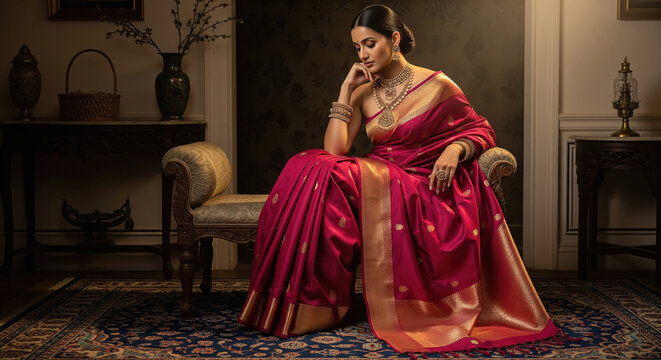 Stunning Indian woman in traditional silk saree and opulent jewelry