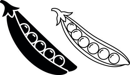 Green peas in pod icon set with silhouette