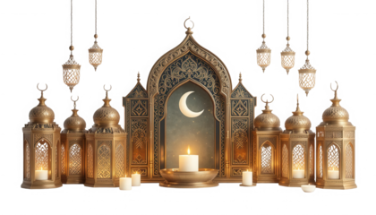 Ornate golden lanterns and traditional Islamic arch with glowing candles illuminate a crescent moon scene on transparent background