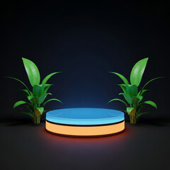3d rendering of a blue and orange podium with green plants on either side