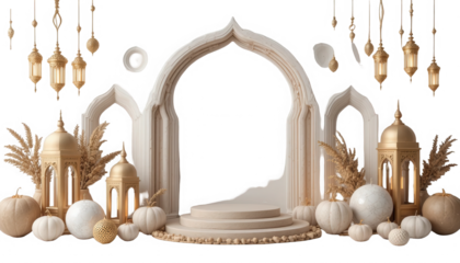 Elegant mosque inspired architectural stage setting featuring cream colored pumpkins and ornate golden lanterns for celebration displays on transparent background